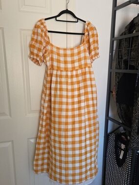New Lool Womams Yellow Gingham Puff-Sleeve Dress Size 10